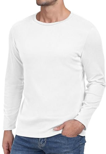 Hisir Mens Long Sleeve Tops UK Thermal Basic Crew Neck T-Shirt Tee Tops (White, L)