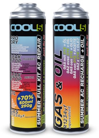 Cool5 Summer Full KIT AC 5 en 1 + Recharge Summer AC + Huile – Fluide frigorigène et vidange d'huile (R1234yf remplacement du gaz), huile de climatisation pour voitures à partir de 2017 – Grand paquet