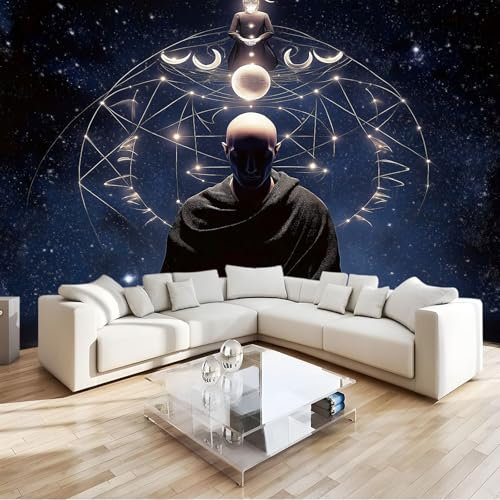 Papier Peint 3D Ciel Étoilé Bleu Formes Géométriques Panoramique Peinture Murale Interieur 300x210 cm pour Salon Chambre à Coucher D'Enfant Maison Décoration Murale