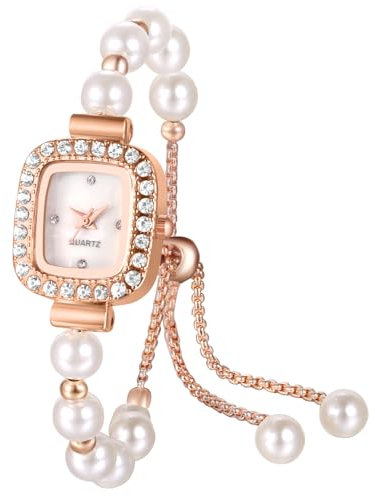 Silverora Damenuhren Perlen Strass Glitzer: Klein Rechteckige Analog Quarz Uhr Damen Glitzend Diamant Armbanduhren mit Verstallbar Künstliche Perlenarmband Geschenke für Frauen Mädchen Roségold