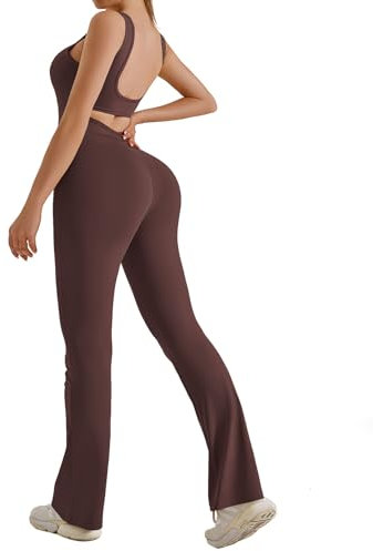 ZIRUU Damen Jumpsuit Flared Scrunch Butt Bodysuit Lang Yoga Ärmellos Overall Sport Rückenfrei Einteiler Bootcut Onepiece Ganzkörperanzug Sexy Playsuits Gym Workout Bodycon in Brown Large