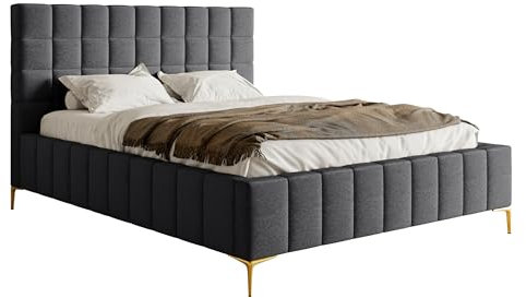 Selsey Bett Polsterbett Doppelbett 140 x 200 cm Mit Bettkasten Metallrahmen Goldene Beine Gasdruckfeder Schlafbett Chenille Dunkelgrau Szejlo