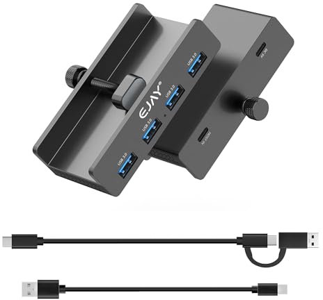 EJAY 4Ports USB3.0 HUB Alu Clamp Desktop USB3.0 Splitter for Desk/Monitors Clipping with Extra Power Supply Port,59inches Data & 39inches Power Cables-5Gbps (JK-4A-BK(5G)