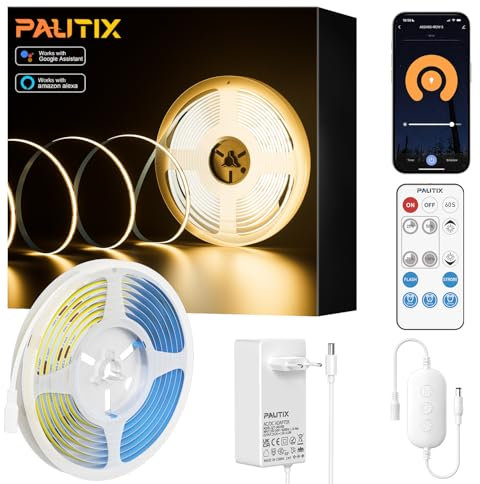 PAUTIX WIFI COB LED Streifen Warmweiß 2700K 10m,480LEDs/M Dimmbar 24V Flexibel LED Band CRI90+ Helligkeit,Smart Funktion mit Alexa,RF Fernbedienung und Netzteil für Home DIY Dekoration