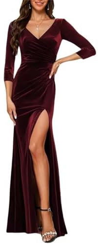 Velvet Bridesmaid Dresses Burgundy for Women Long Sleeve Formal Dress Evening Party Gown with Slit UK14