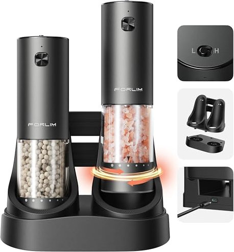 FORLIM Electric Salt and Pepper Grinder Set, Rechargeable Automatic with 2-Speed & 6 Adjustable Coarseness Levels, One-Handed Operation, Aluminum Alloy with Charing Base, for Home & Kitchen