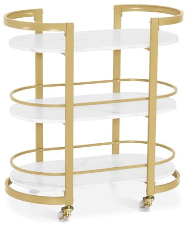 M MCombo Chariot de Service à roulettes, Chariot de Cuisine Chariot de Bar Structure métallique Blanc-doré, Chariot Moderne Polyvalent à 3 Niveaux, pour Salon Bureau, 40x75,5x80cm, 0034