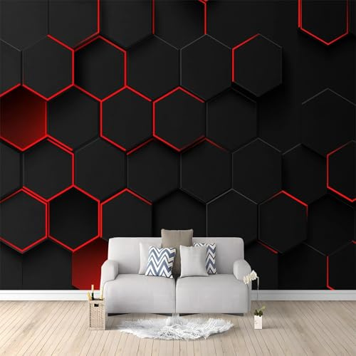 Mural Wallpaper Geometric Honeycomb Black and Red 350x256 cm Wall Mural Photo Wallpaper, Non-Woven Art Print Fleece Wall Mural Decoration Poster, for Bedroom Living Room TV Backdrop