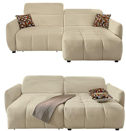 Ecksofa B260/T191/H106 cm mit elektrischer Sitztiefenverstellung 60 cm ausfahrbar, Kopflehnen höhenverstellbar, USB-A u. USB-C Ladefunktion, Ottomane beidseitig montierbar, Flachgewebe Beige / 15405