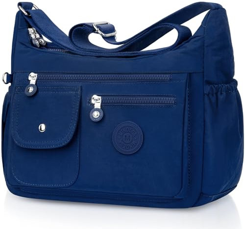 BTNEEU Umhängetasche Damen Groß Nylon Crossbody Bag Wasserdicht Gross Handtasche mit Vielen Fächern Leicht Schultertasche Mittelgroß Verstellbarer Messenger Bag für Einkaufen, Reisen, Schule (Blau)