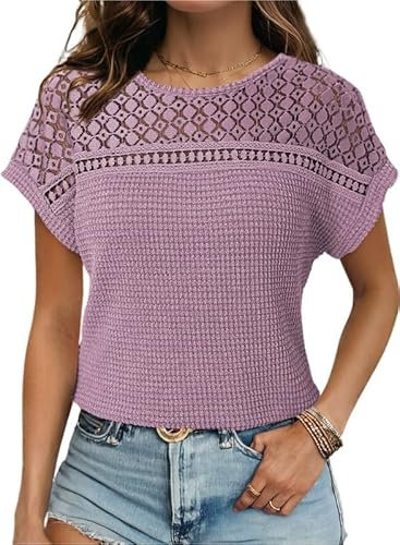 Chicrise Camicetta da donna, elegante, a maniche corte, in pizzo, uncinetto, girocollo, maglietta estiva, Lilla, M