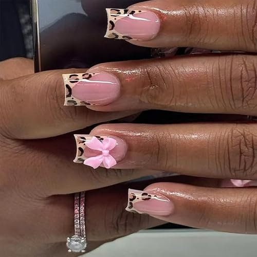 Short French Tip - False Nails Square - 24Pcs Stick on Nails French Brown Leopard Bow Designs Press on Nail with Glue - Acrylic Full Cover Artificial Fake Nails for Women and Girls