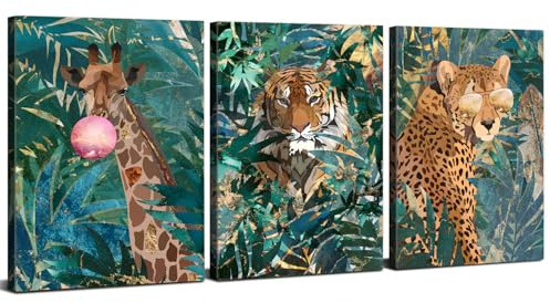 Botanische Tier-Wandkunst, abstrakte Boho-Bilder, Wanddekoration, Blaugrün, Blatt, Dschungel, Tiger, gerahmt, Leinwanddrucke, Abenteuer, Gepard, Giraffe, Gemälde für Wohnzimmer, Schlafzimmer