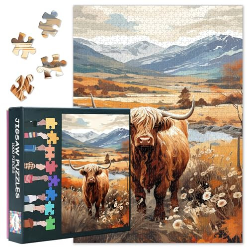 Hochlandkuh Puzzle 1000 Teile Erwachsene mit Buchstaben auf der Rückseite, Natur Landschaft Impossible Herausfordernde Puzzles für Erwachsene als Heimdekoration Geschenk (70 x 50 cm)