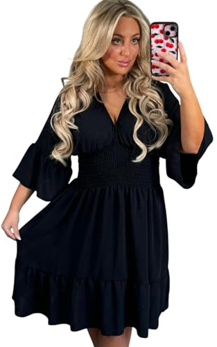 Crazy Fashion Ladies Summer V Neck Stretchy Elastic Waist Casual Magic Midi Dresses for Women UK Flared Bell Sleeve Holiday Party Short Tiered Dress One Size Fits UK 12-24
