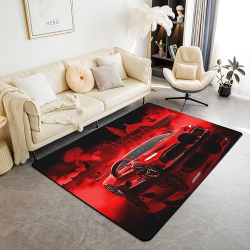 Homemissing Kinder Rennwagen Teppich 100x150cm Extreme Sport Spiel Car Wohnzimmerteppich Auto für Jungen Mädchen Schlafzimmer Dekor Moderne Rot Modern Teppich mit