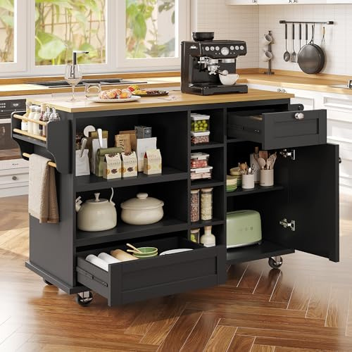 EINHOM Kitchen Island on Wheels, Dining Trolley with Drawers and Storage Cupboards, Mobile Kitchen Trolley with Light Brown Wooden Worktop, Black