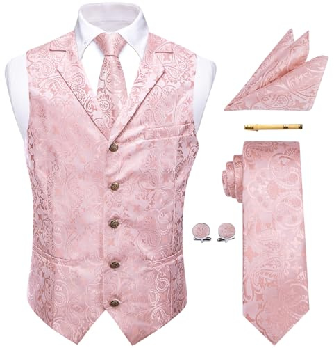 YourTies - Gilet da uomo in seta Jacquard, con motivo floreale paisley, con cravatta, fazzoletto da taschino, gemelli e clip per cravatta, per matrimoni formali, rosa, L