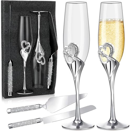 Kaxtde 4-Piece Champagne Glasses Set, 295 ml Champagne Glasses with Knife, Cake Server Spatula and Black Box, Wine Glasses Timeless for Birthday, Wedding, Christmas, Valentine's Day