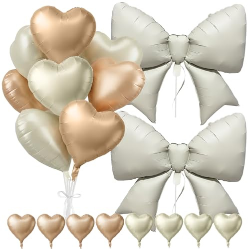Creme Beige Herzballons mit Schleife Set, Hochzeit Taufe Baby Shower Geburtstag Dekoration