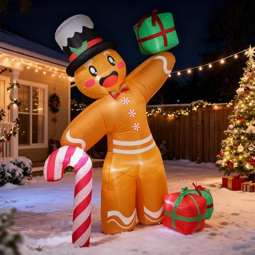 Aufblasbare Weihnachtsdeko: 2,4M/ 8FT Lebkuchenmann Deko Aufblasbare Weihnachtsdekoration mit LED Beleuchtet - XXL Weihnachtsdeko IP44 Wetterfest für Außen Innen Garden Rasen Hof (AA)