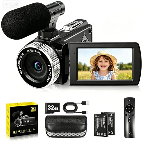 Videocamera 4K con Autofocus, 48 MP Camcorder con Zoom Digitale 18x, Schermo Girevole a 270° da 3, Vlogging Camera per YouTube, Video Camera con Microfono, Telecomando, 2 Batterie, Scheda da 32 GB