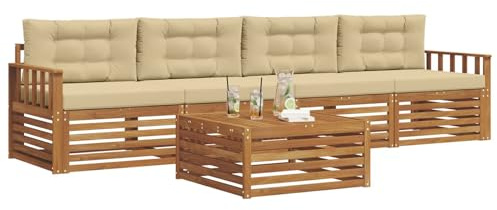 vidaXL Outdoor-Sofagarnitur mit Kissen 5 pcs Natur und Beige, Gartenlounge, modernes Outdoor-Sofa, Sitzmöbel für die Terrasse, langlebige Komfort-Einheit