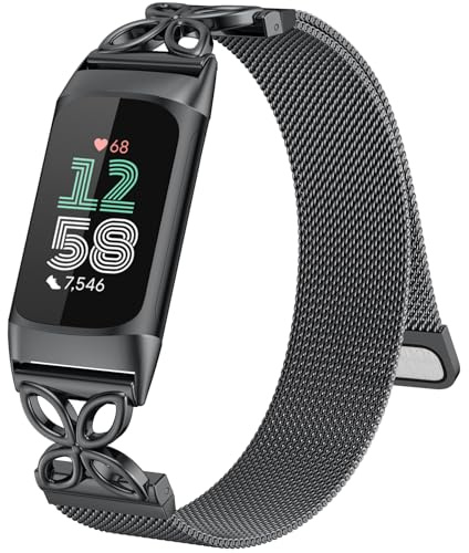 Oielai Metall Magnet Ersatzband für Fitbit Charge 6 Armband Damen | Blumen Magnetisch Edelstahl Mesh Loop Armbänder für Fitbit Charge 5 Armband, für Charge 6 Armband