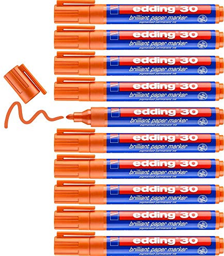 edding 30 Brillant-Papiermarker - orange - 10 Permanent Marker wasserfest - Rundspitze 1,5-3 mm - leuchtende Farben - lichtbeständige Markierung auf Papier, Karton, Kunststoff, Metall oder Glas