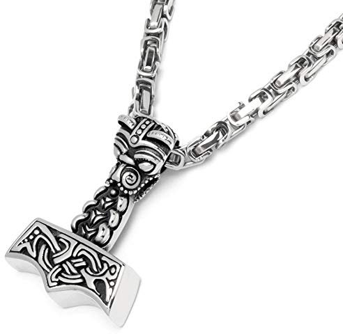 Schmuck-Checker Thors Hammer Mjölnir aus 316L Edelstahl Anhänger Gott Drachenkopf silber 60cm Königskette Wikingerschmuck Herren Geschenk