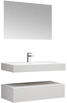 StoneArt Badmöbel Set mit Mineralguss Waschbecken und Spiegel mit Beleuchtung ohne Armatur 100cm weiß glänzend