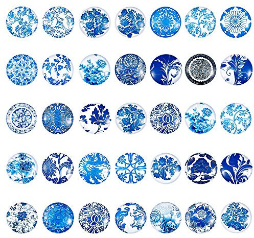 PandaHall Glas-Cabochons, halbrund, flache Rückseite, Blau & Weiß Blume, 25mm (1 Inch)