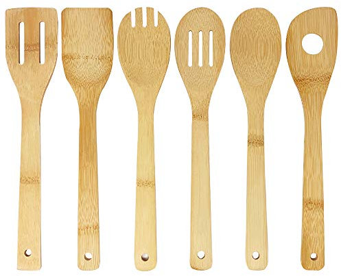 Joeji's Kitchen 6 Bamboo Wooden Kitchen Utensils for Cooking, Resistant & Stylish Bamboo Utensils: Wooden Spoon, Slotted Spoon, Slotted Spatula, Spork, Spatula with Hole