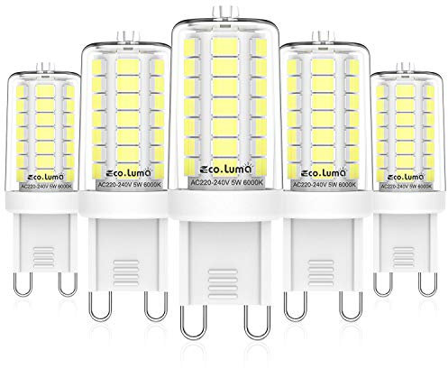 Eco.Luma G9 LED Lampen 5W Kaltesweiß 6000K, Ersatz 40W Halogenlampe, 45x SMD2835 Birne G9 Sockel Kein Flackern, 500LM AC 220-240V LED Leuchtmittel, 360°Abstrahlwinkel, Nicht Dimmbar, 5er Pack