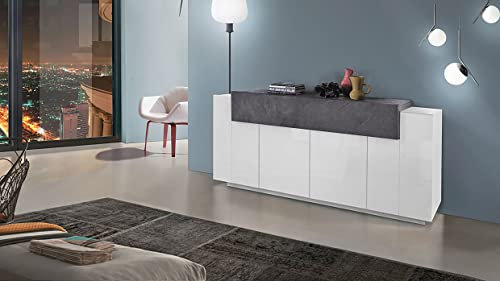 möbelando Sideboard Beistellschrank Highboard Anrichte Kommode Schrank Catania IV Weiß Hochglanz/Schiefer Nachbildung