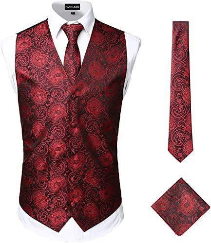 PARKLEES Klassische Herren-Weste, 3-teilig, Paisleymuster, Krawatte, Einstecktuch, Set, Hochzeit, Abschlussball, Party, Weste für Anzug oder Smoking, Burgunderrot / Schwarz, 3XL