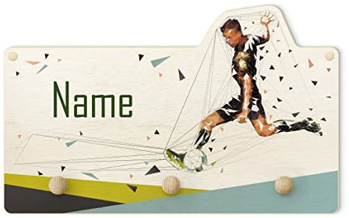 Kindergarderobe Holz mit Wunschtext - Fußballspieler beim Freistoß mit Wunschname, Größe HxB: 25x40 cm