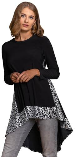 Roman Chiffon Dipped Hem Top Asymmetric Tunic for Women UK Ladies Stretchy Jersey Flared Blouse Smart Fit & Flare Form Casual Loose Longline Party Hanky Tunics - Jet Black Silver - Size 10