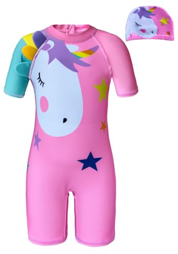 Moneric Traje de baño de una pieza de protección UV para niñas, traje de baño de unicornio para niños, traje de baño para niños, traje de baño con gorra, S003-rosa, 2-3 Años