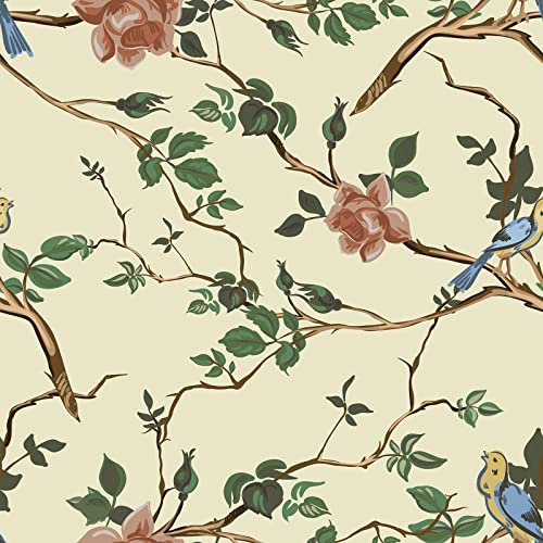 VaryPaper Papier Peint Fleuri Vintage Papiers Peints Autocollants Jaune Clair Oiseaux Feuilles Stickers Meubles Deco Imperméable Papier Vinyle Adhesif Salon Chambre Cuisine Armoire 44.5cmx200cm