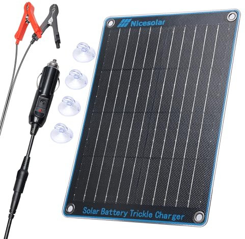 Nicesolar 10W 12V Solar Panel Car Battery Trickle Charger & Maintainer with Cigarette Lighter Plug & Alligator Clip & Battery Cable for Car Automotive Motorcycle Boat Marine Snowmobile Watercraft RV