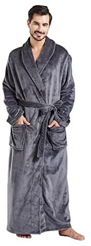 FashGudim Herren Bademäntel groß und groß in voller Länge Plüsch Fleece lange Robe Schal Kragen warm Winter Männer Bademantel(Grau,L/XL)