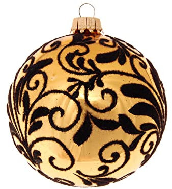 Krebs Glas Lauscha - Weihnachtsdekoration/Christbaumschmuck aus Glas - Weihnachtskugeln - Motiv: Gold glänzende Kugel mit beflockter Arabeske - Größe: 6 mal 8cm