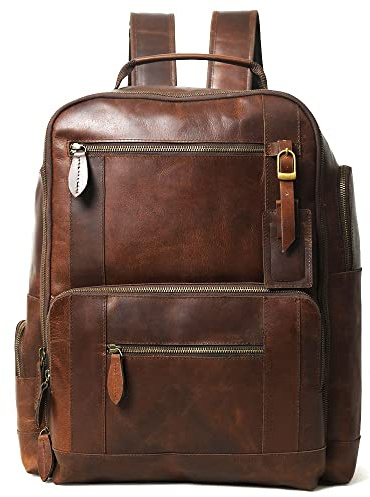 Gratlin Buffalo Leather Backpack for Men 16 Inch| Vintage Leather Backpack Multi Pockets Business Travel Daypack| Full Grain Brown Leather Shoulder Rucksack Knapsack, Brown, 16 Inch, Huge Backpack