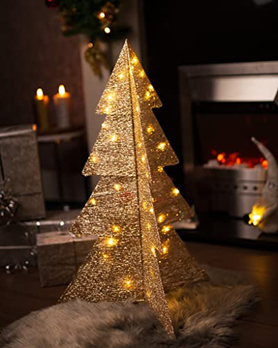 Marco Paul Festive Artificial Tree - Decorative Green Xmas Tree with 40 LED Lights, Battery Operated, Freestanding Light Up Christmas Decor for Living Room, House and Home (Gold)