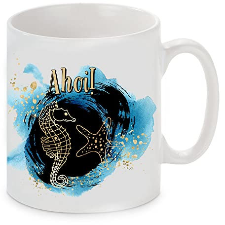 Tasse mit Motiv - Geschenk - Ahoi Motiv - spülmaschinengeeignet (weiß)