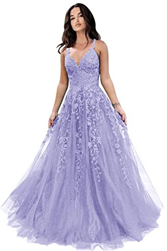 Vestidos de fiesta de tul con purpurina para mujer, apliques de encaje, largos, con tirantes delgados, vestidos de noche acampanados, color lila, talla 18W de EE. UU, Lila, 18 Plus