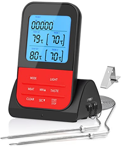 Thermomètre de Cuisine Numérique avec Sonde cuisson, sonde four LCD Minuteur, Température Préréglée Thermomètres Thermomètre Électronique pour Fumoir Viande Boeuf Porc Cuisson au Four Barbecue
