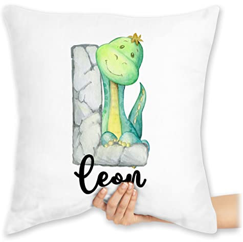 Kissen 40x40 Zierkissen - Initialen Anfangsbuchstabe - Dinos Dinosaurier Dino Buchstabe - 40 x 40 cm - Weiß - buchstabenkissen buchstaben füllung personalisiertes personalisierte bezug großeltern