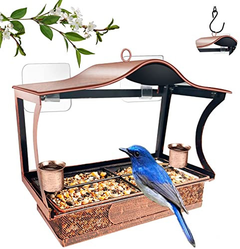 Window Bird Feeder, Metal Window Bird Feeder with Strong Suction Cups, Bird Feeders for Small Birds, Removable Tray with 2 Water Cups, Easy Clean and Fill